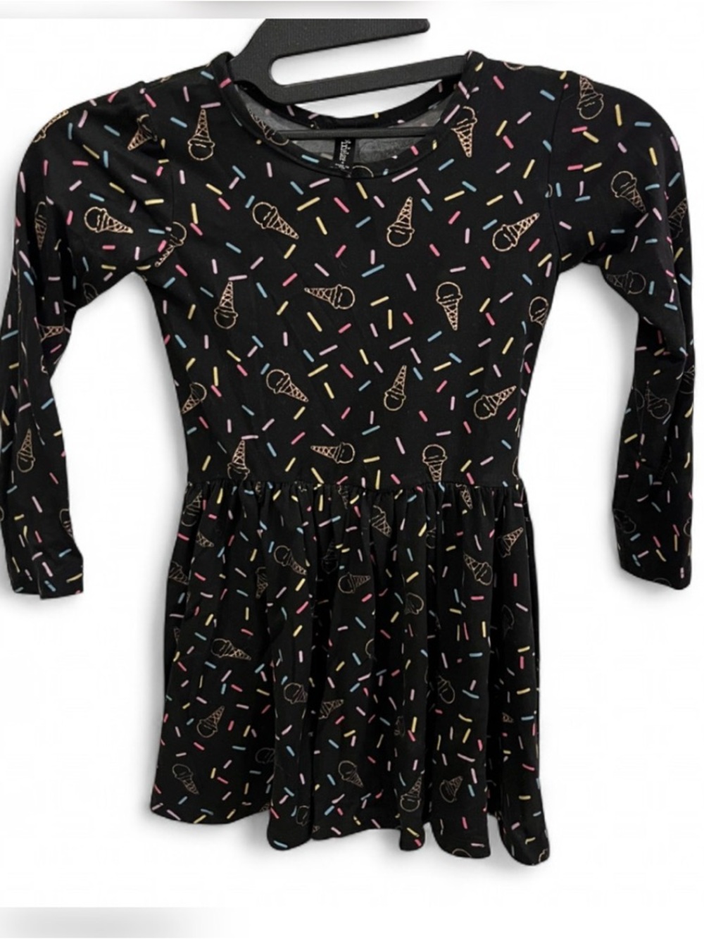 PIXIELANE - Girls' Black Ice Cream & Sprinkle Long-Sleeve Casual Dress